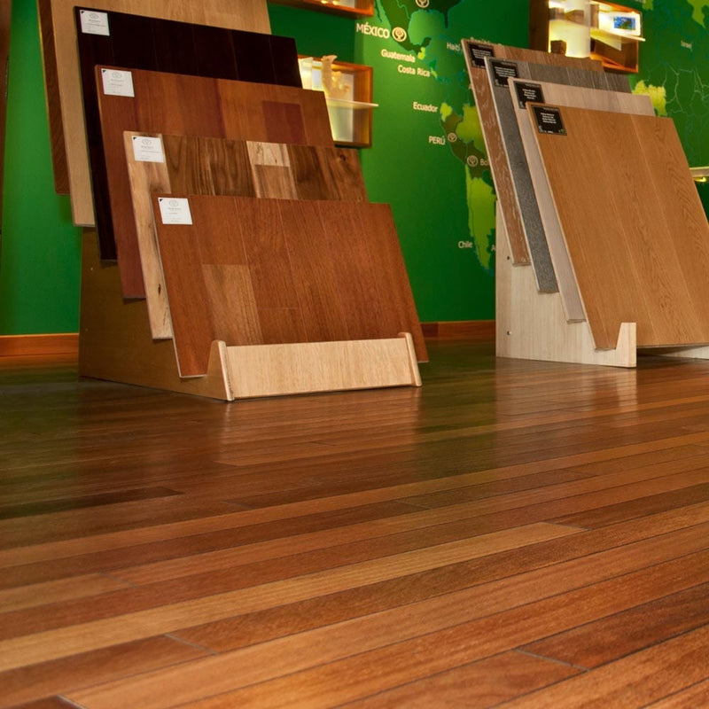 Solid Hardwood Floors Brazilian Teak Cumaru Pre-finished 5 premium Collection SHWSAC237 installed on tile showroom floor