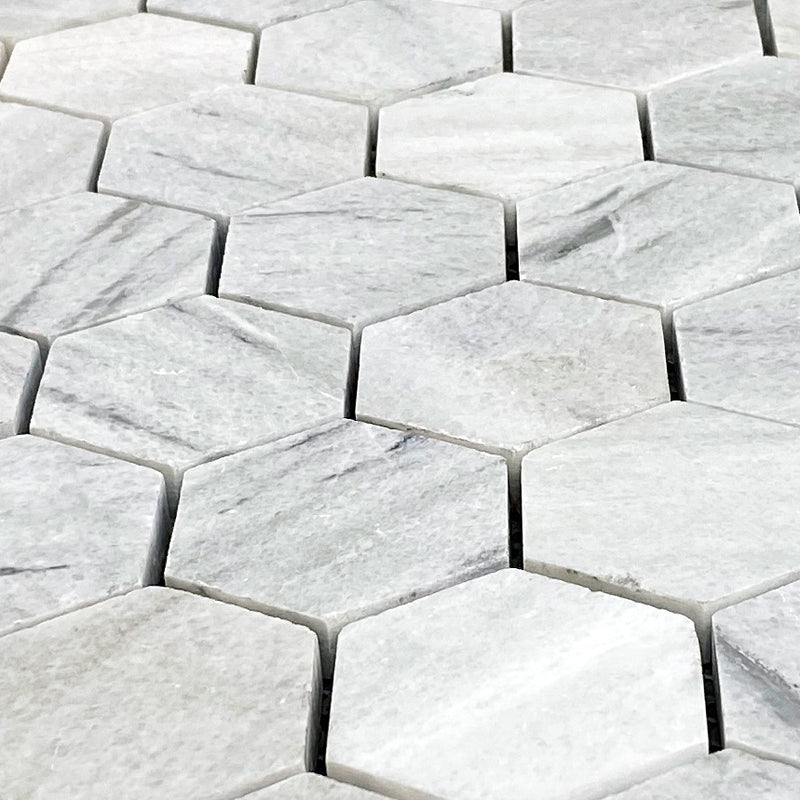 Solto white marble mosaic tile 2 hexagon on 12x12 mesh honed angle closeup view