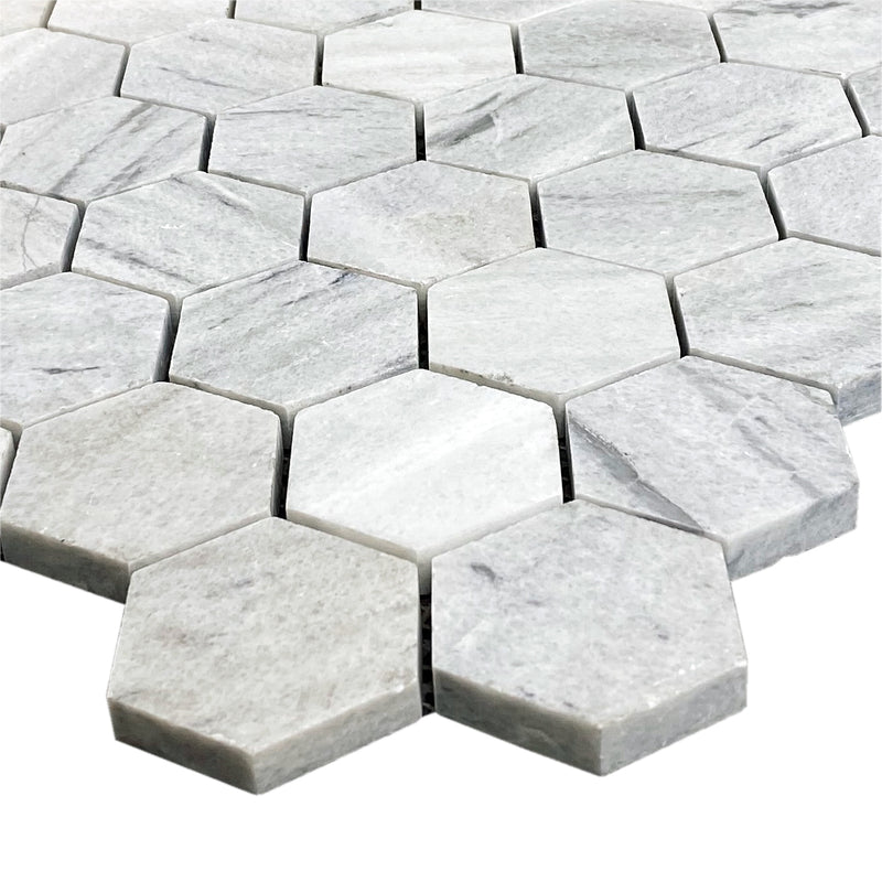 Solto white marble mosaic tile 2 hexagon on 12x12 mesh honed profile view