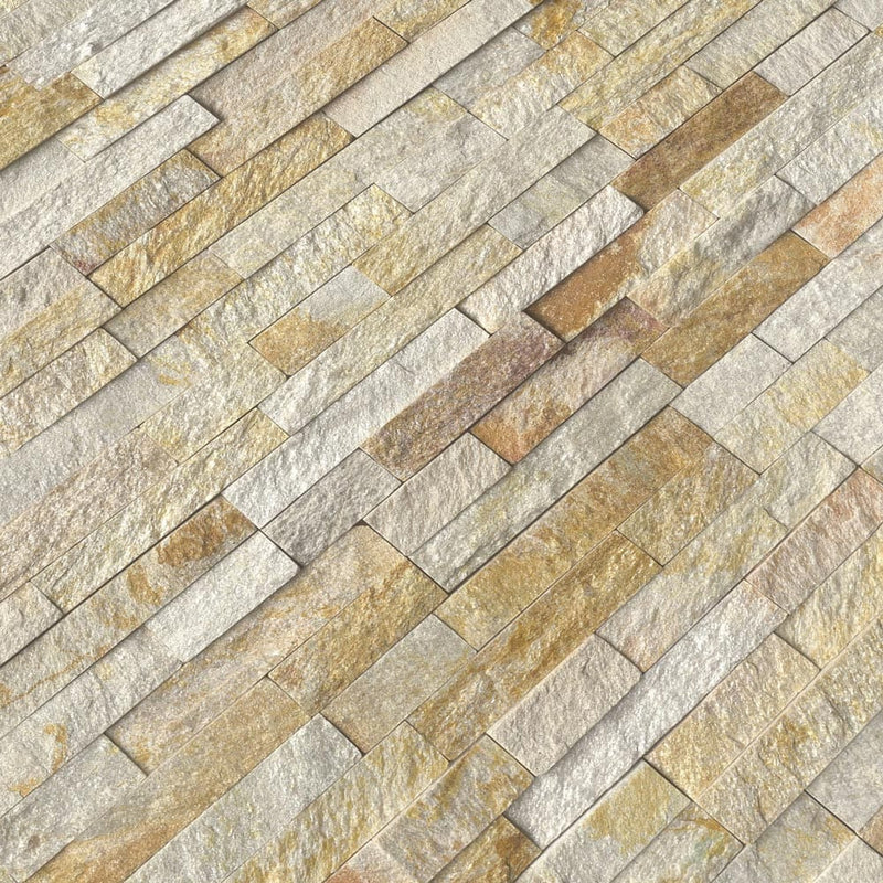 Sparkling autumn ledger panel 6X24 natural quartzite wall tile LPNLQSPAAUT624 product shot multiple tiles angle view