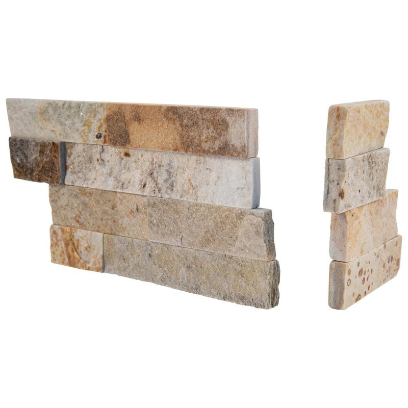 Sparkling autumn splitface ledger corner 6 X18 natural quartzite wall tile LPNLQSPAAUT618COR product shot profile view