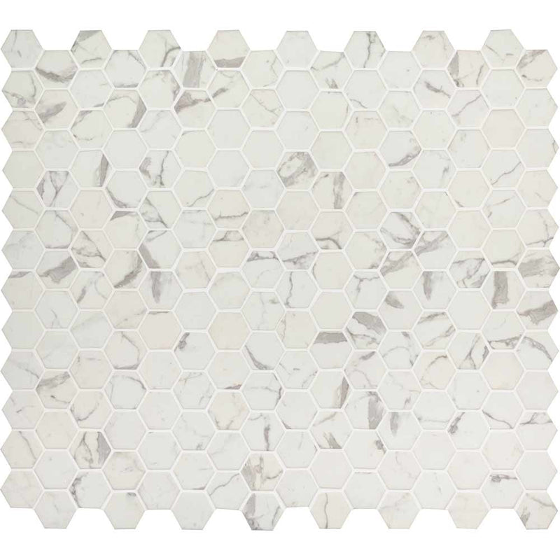 Statuario celano hexagon 11.02X12.75 glass mesh mounted mosaic tile SMOT GLS STACEL6MM product shot multiple tiles close up view