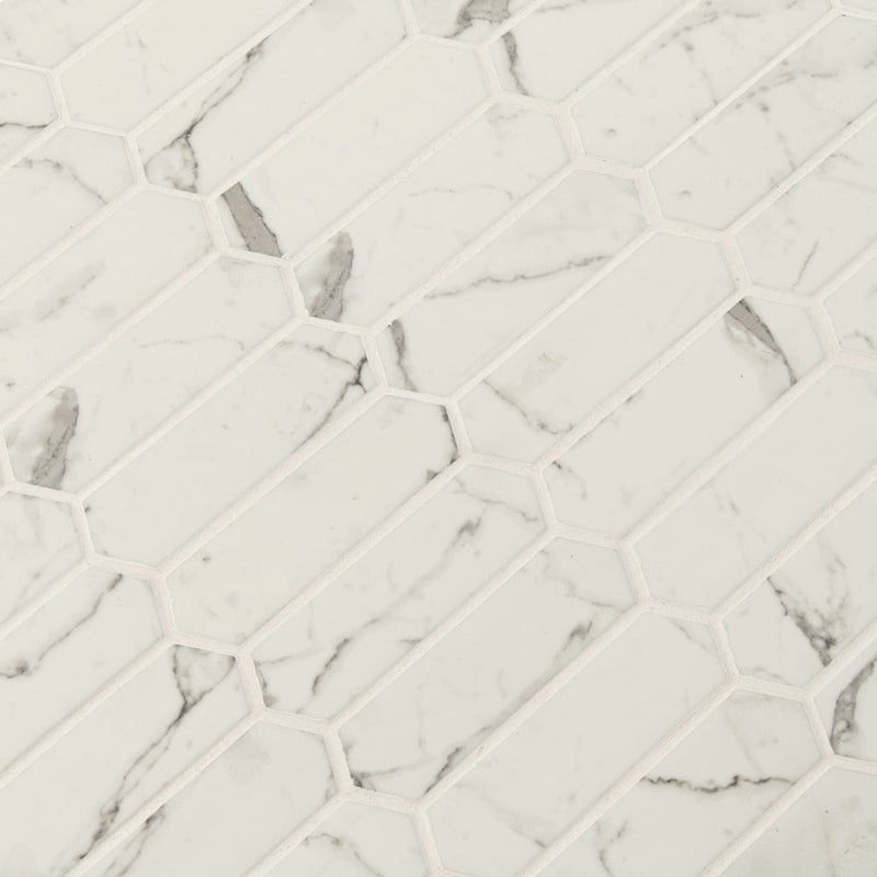 Statuario celano picket 14X9.5 glass mesh-mounted mosaic tile SMOT-GLSPK-STACEL6MM product shot angle view