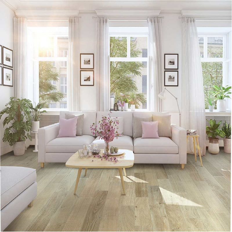 Solid hardwood 5" Wide 3/4" Thick European White Oak Wirebrushed Bonarda room shot living room view