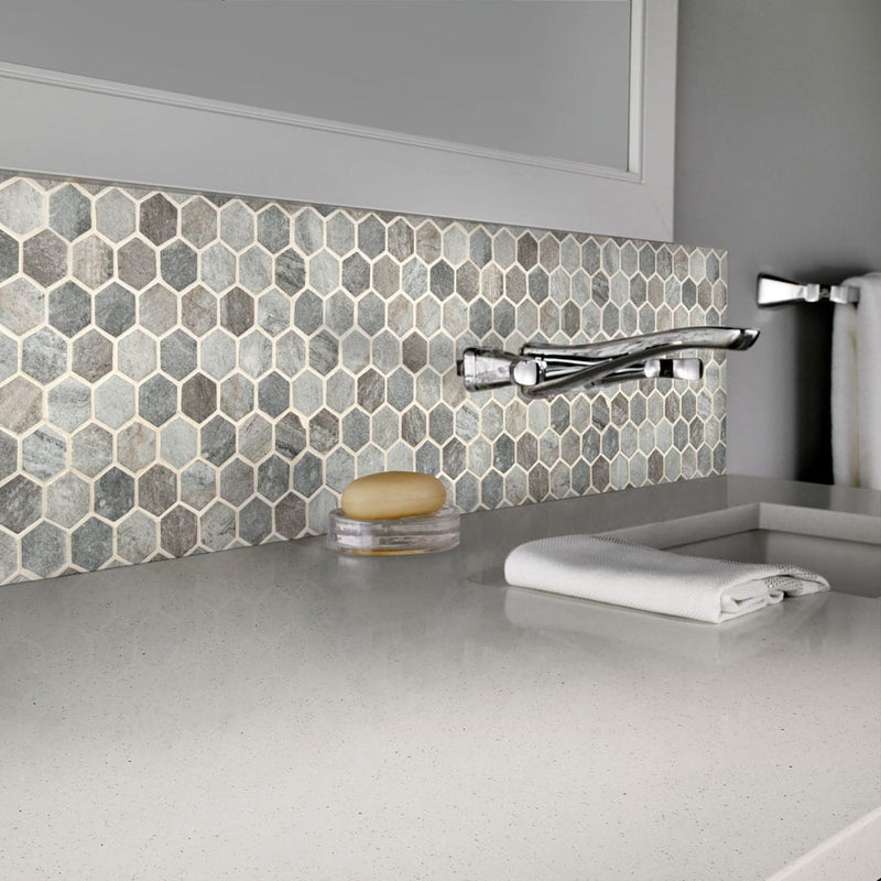 stonella hexagon 11.02 in. x 12.76 in. glass mesh-mounted mosaic tile SMOT-GLS-STNELA6MM product shot kitchen view 2
