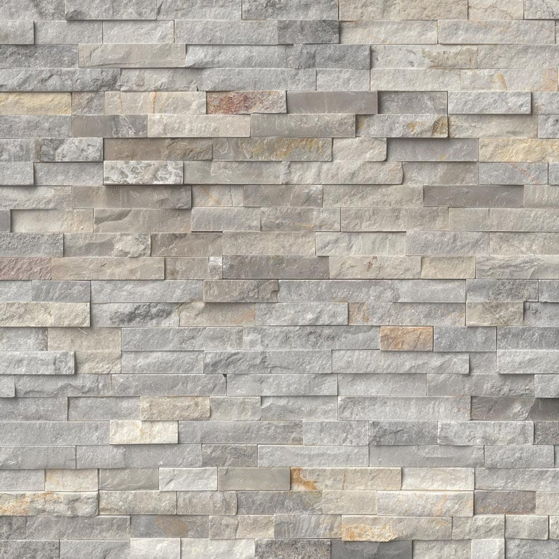 Sunset silver splitface ledger panel 6X24 natural quartzite wall tile LPNLQSUNSIL624 product shot multiple tiles top view