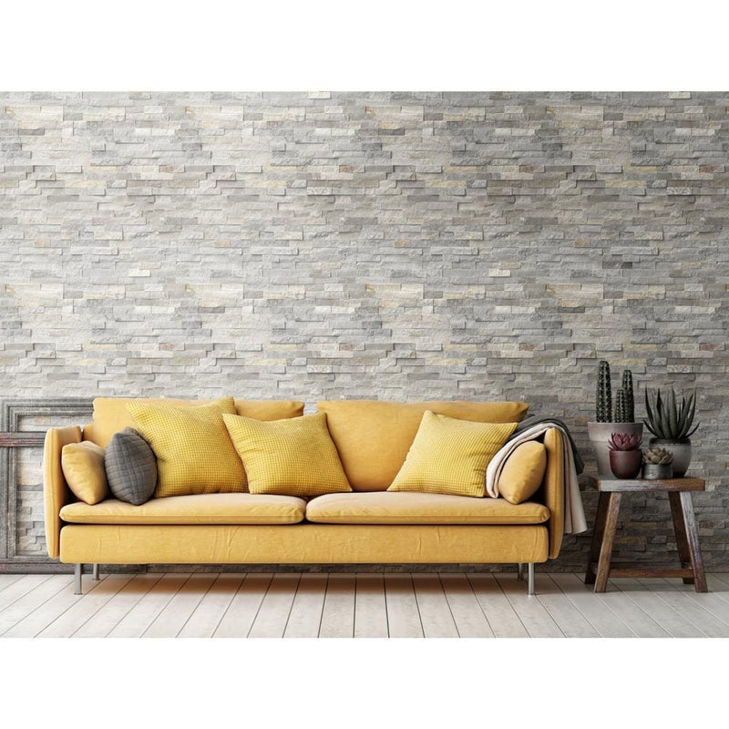 Sunset silver splitface ledger panel 6X24 natural quartzite wall tile LPNLQSUNSIL624 product shot wall view