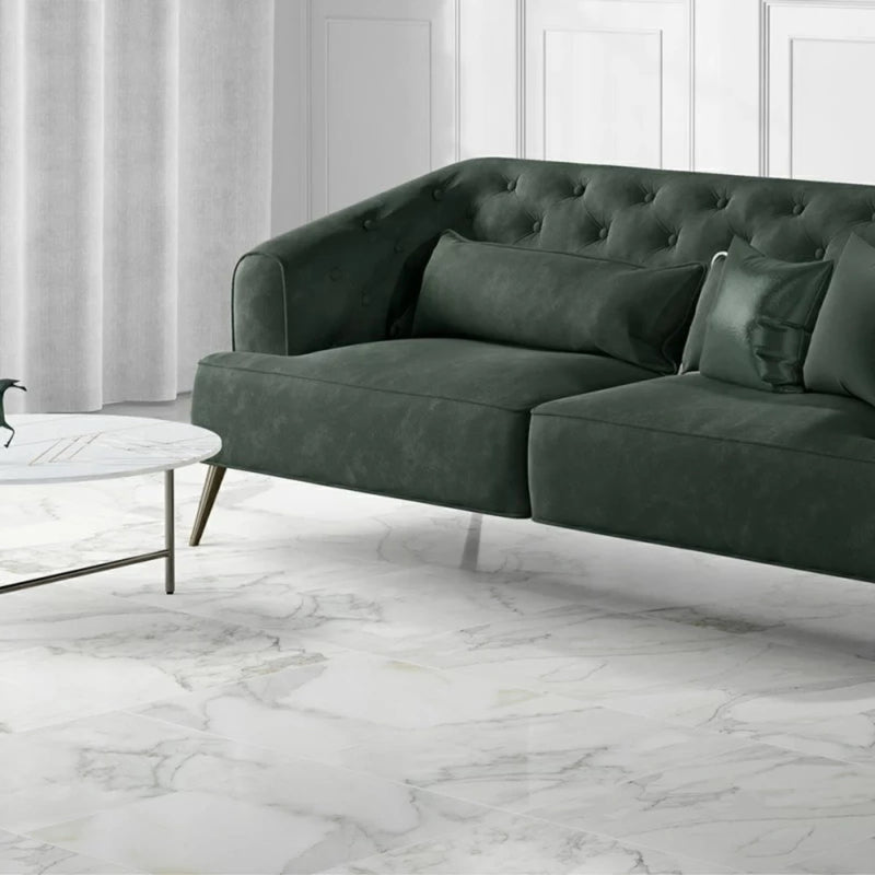 Calacatta Gold 18"x18" Extra Polished Marble Tile product shot sofa view