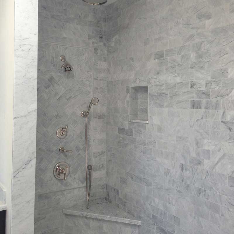 Cararra Honed 1/2"x12" Pencil Liner Marble Molding Tile room shot bathroom view 3
