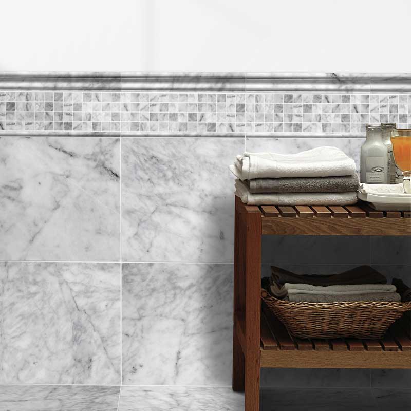 Cararra Honed 1/2"x12" Pencil Liner Marble Molding Tile room shot bathroom view 6