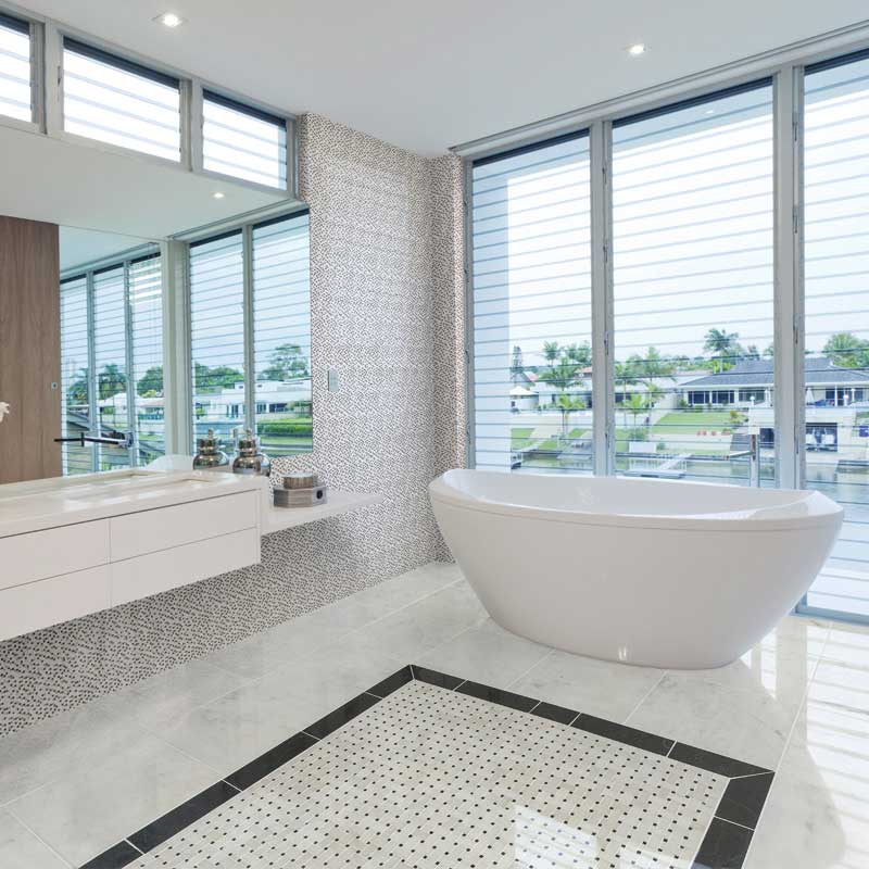 Lonte Polished 12"x12" Basket Weave Marble Mosaic product shot bathroom view