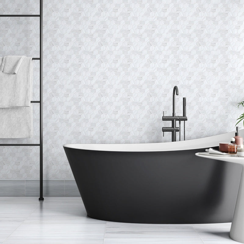 White Dolomiti 5 1/16"x12" Classic Honed Modern Base Marble Moldings product shot bathroom view