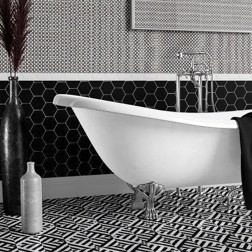 White and Black Honed Place Marble Mosaic 14 5/16"x14 5/16" - Checkerboard Collection room shot bathroom view