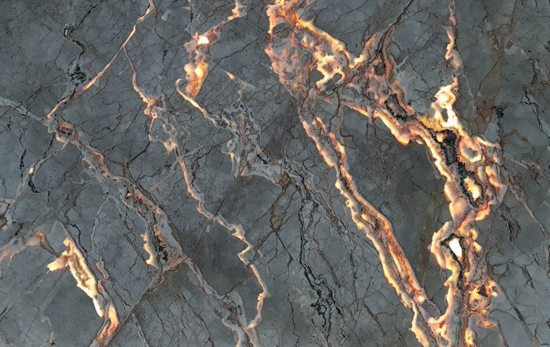 Tapetto Vulcano grey marble slabs polished product shot backlit wide view