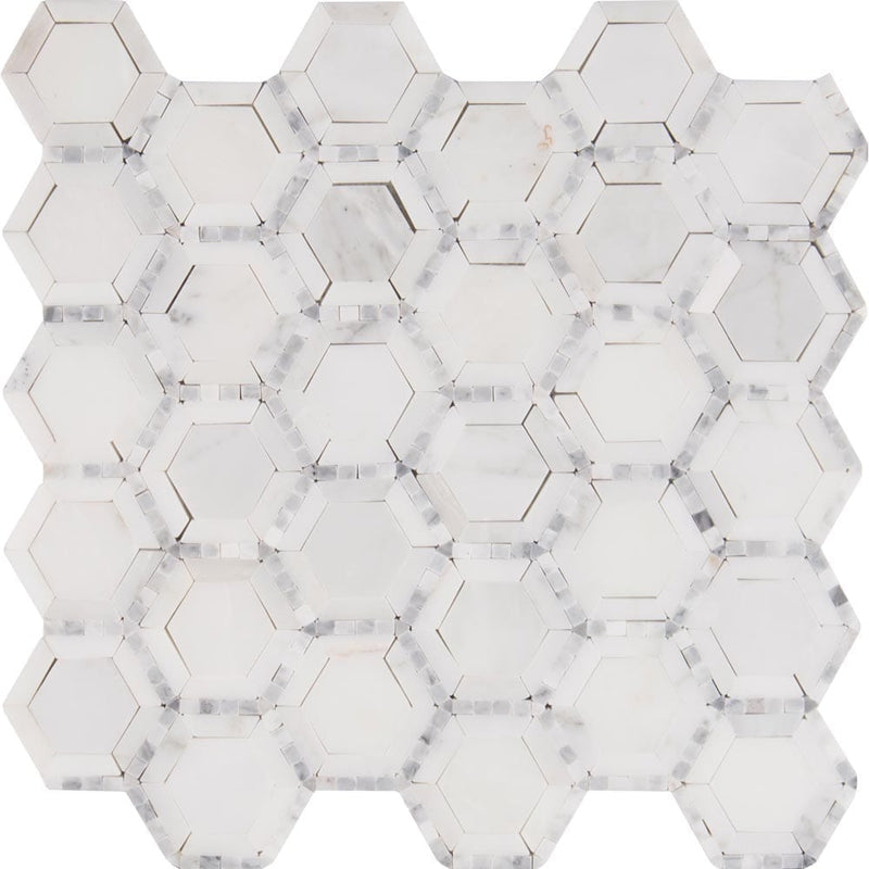 Telaio hexagon 12.4X12.8 honed marble mesh mounted mosaic tile SMOT-TELAIO-2HEX product shot multiple tiles close up view