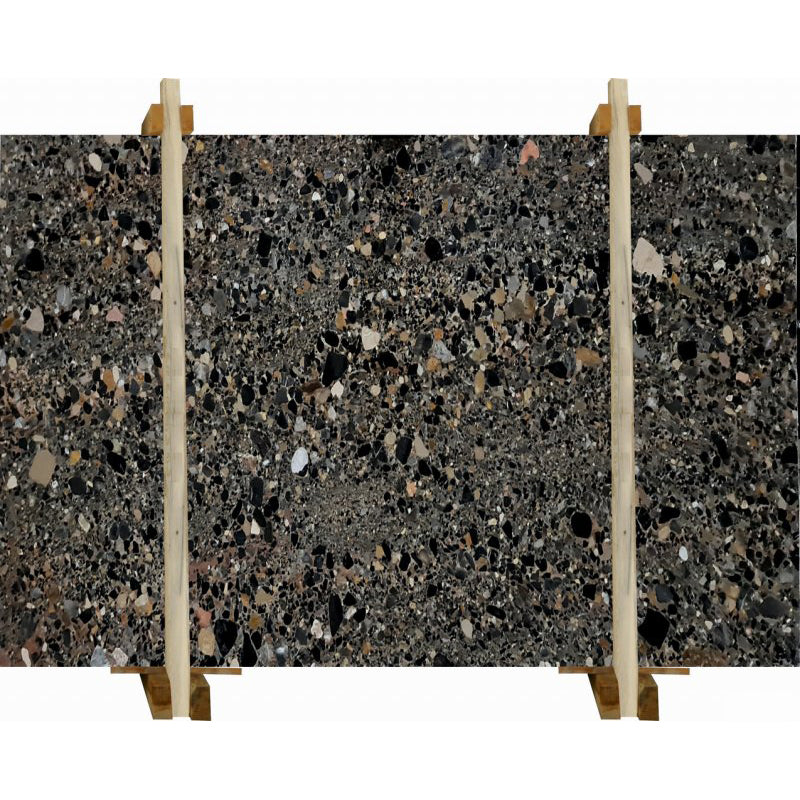 Terrazo Black marble slabs polished packed on wooden bundle product shot