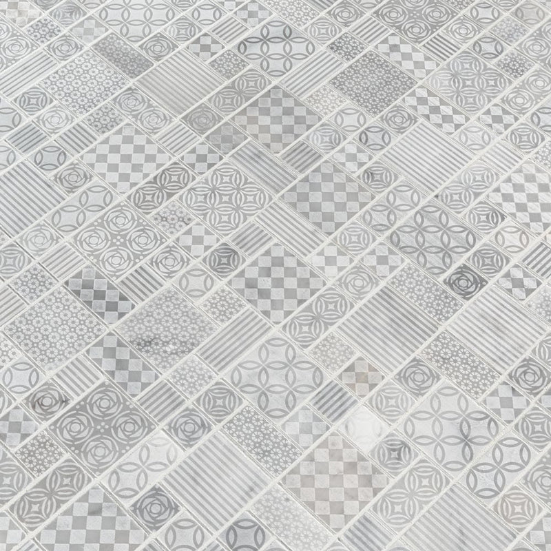 Tetris blanco pattern 11.81X11.81 honed marble mesh mounted mosaic tile SMOT-TETBLA-10MM product shot multiple tiles angle view
