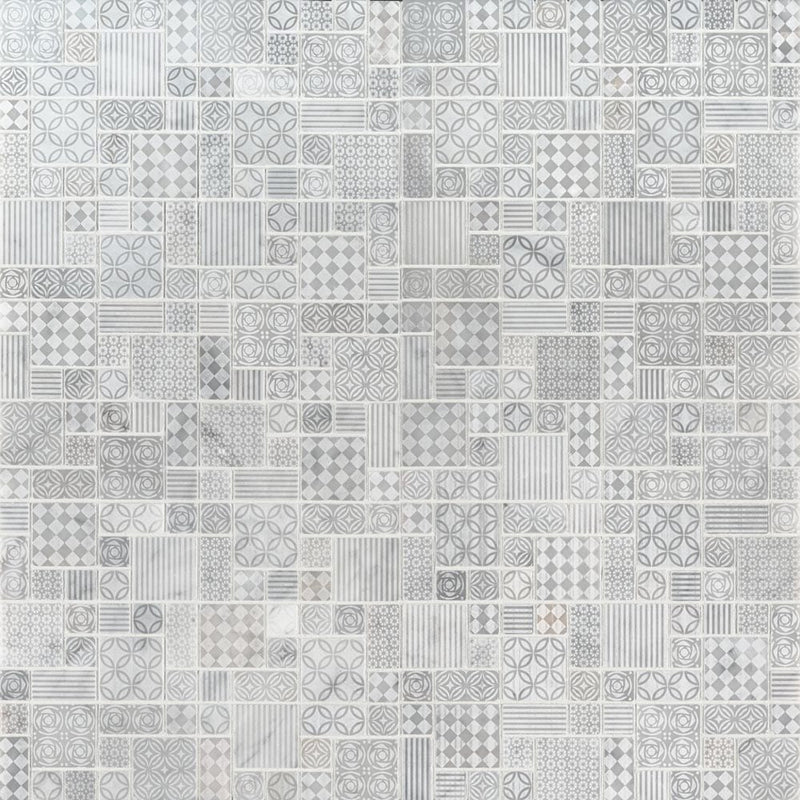 Tetris blanco pattern 11.81X11.81 honed marble mesh mounted mosaic tile SMOT-TETBLA-10MM product shot multiple tiles top view
