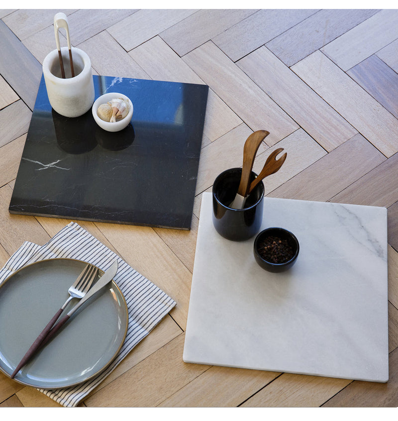 Toros Black Carrara white together genuine marble serving cutting board 14x14 polished product shot