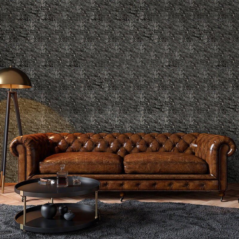 Toros Black Marble Split-Face Brick Mosaic Wall Tile DP-02-05 installed on wall brown leather couch square