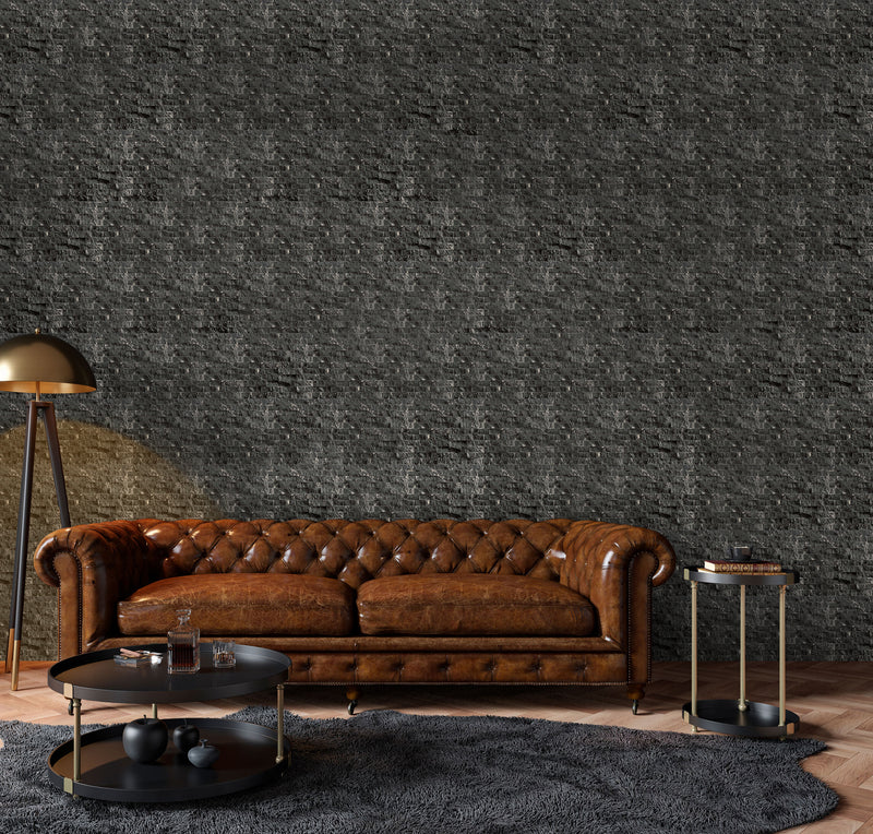 Toros Black Marble Split-Face Brick Mosaic Wall Tile DP-02-05 installed on wall brown leather couch