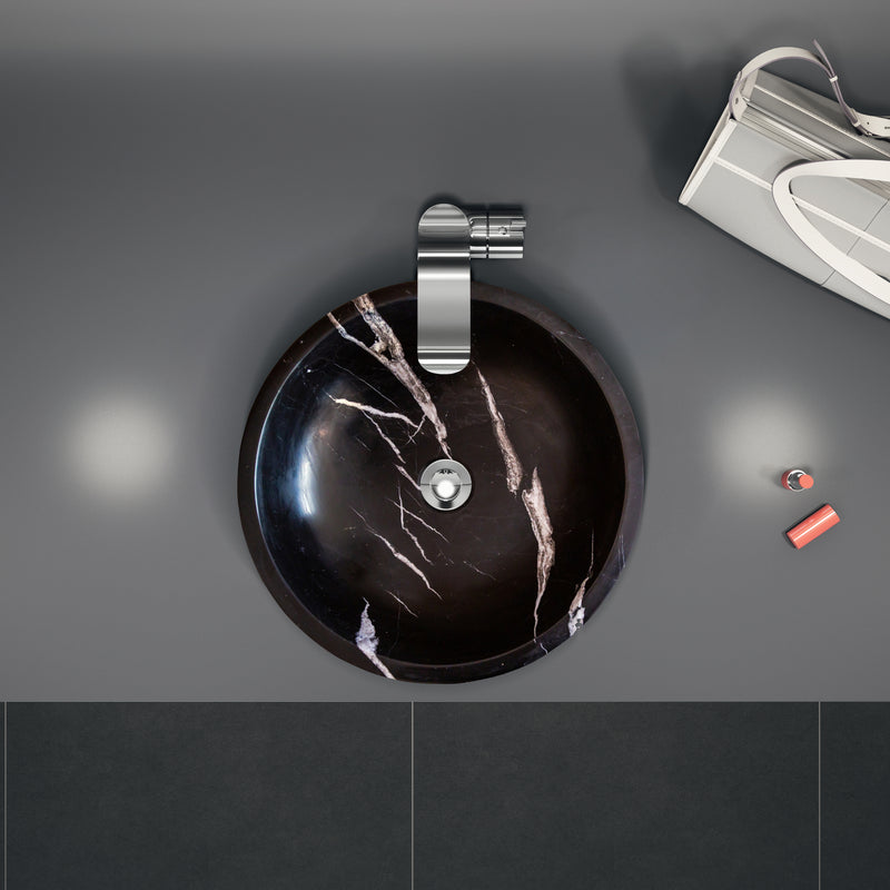 Natural Stone Toros Black Marble Above Vanity Bathroom Sink (D)16" (H)6" installed bathroom top view lipstick and a bag