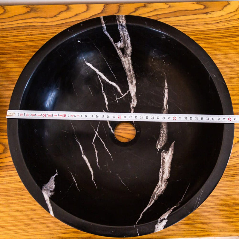 Natural Stone Toros Black Marble Above Vanity Bathroom Sink (D)16" (H)6" diameter measure view