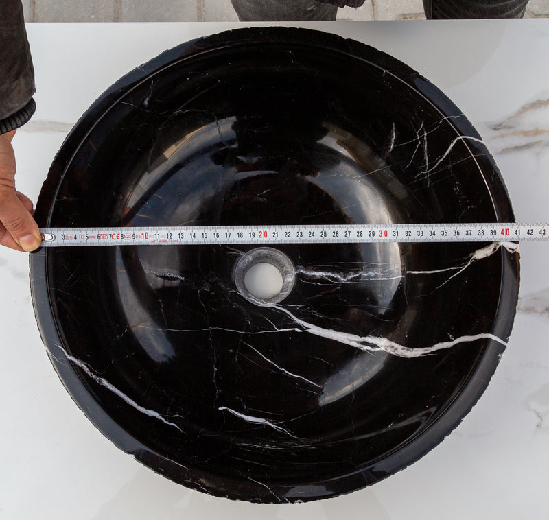Toros Black Marble Above-Vanity Bathroom Vessel Sink Rough Exterior (D)16" (H)6" top diameter measure view