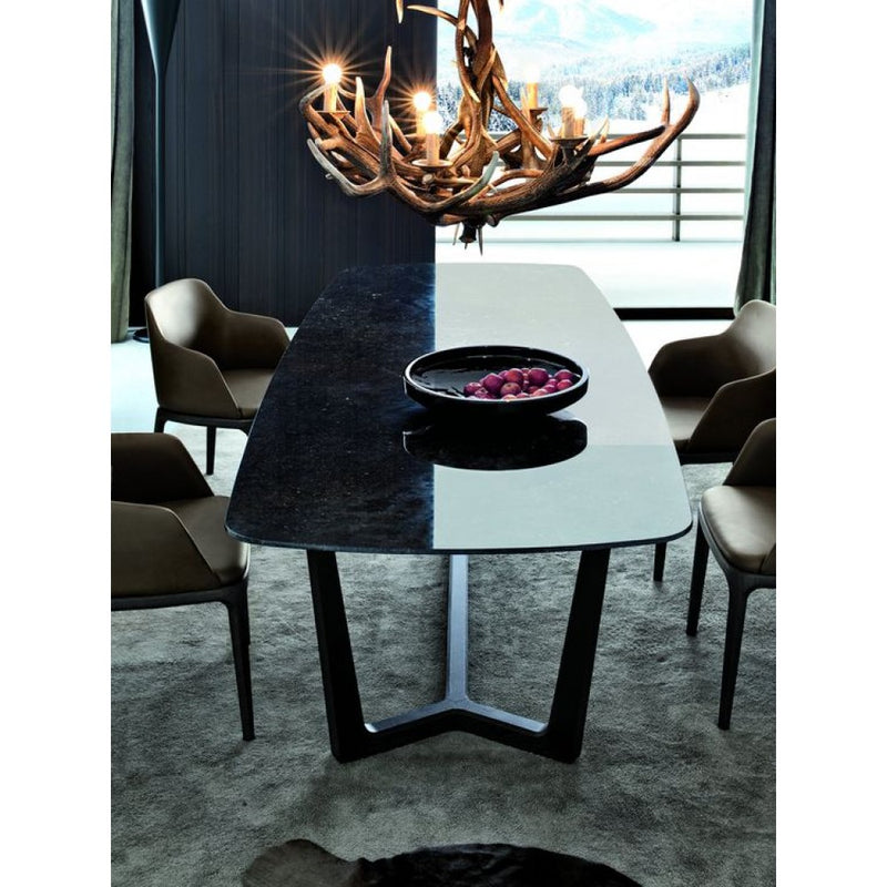 Carrara White genuine marble dinner table oval black wooden legs office meeting room shot