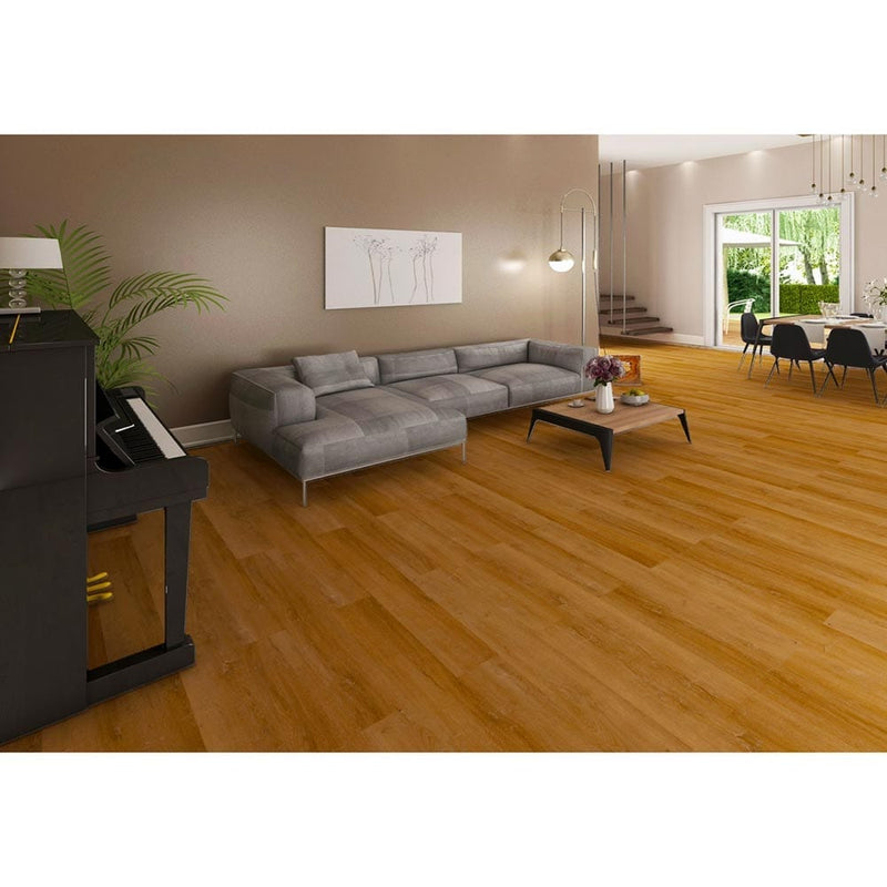 Trail oak rigid core luxury vinyl plank flooring 7x48 SPC13030748-22M installed on a living room