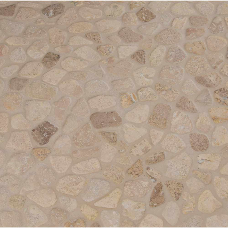 Travertine blend river rock 11.42X11.42 tumbled marble mesh mounted mosaic tile SMOT-PEB-TRAVBLND product shot multiple tiles angle view