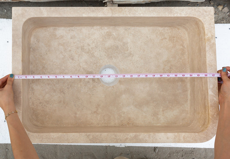 Troia Light Travertine Rectangular Farmhouse Kitchen Sink Honed and Filled (W)18" (L)27.5" (H)7" NTRSTC47 length measure view