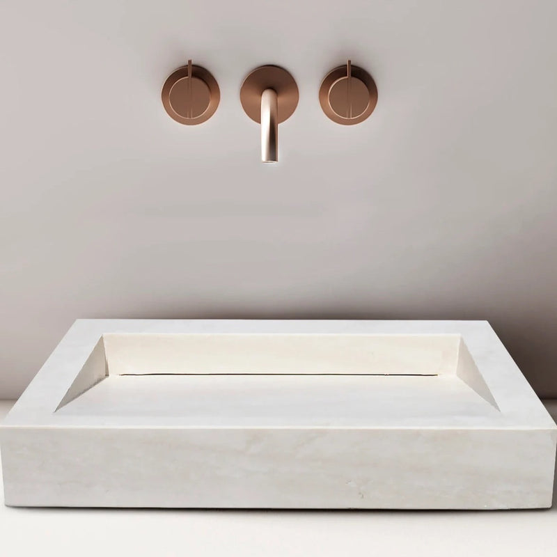 White Limestone Rectangular Hidden Drain Bathroom Above-vanity Sink (W)18" (L)21.4" installed bathroom with copper wall-mount faucet