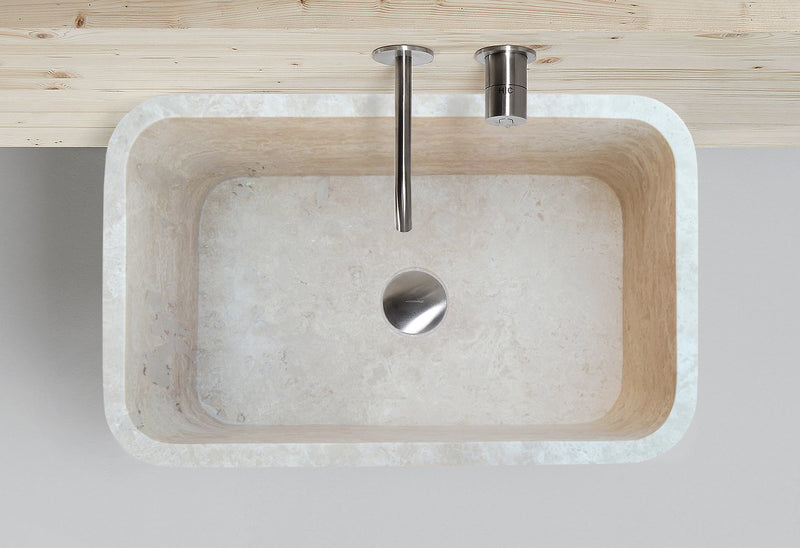 Troia Light Travertine Rectangular Farmhouse Kitchen Sink Honed (W)18" (L)30" (H)10" installed bathroom top view chrome wall-mount faucet and wooden wall tiles
