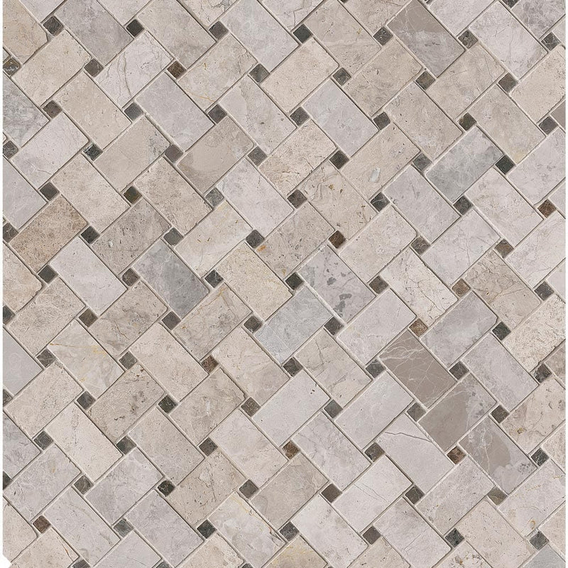 Tundra gray basket weave 12X12 polished marble mosaic tile SMOT-TUNGRY-BWP product shot multiple tiles angle view