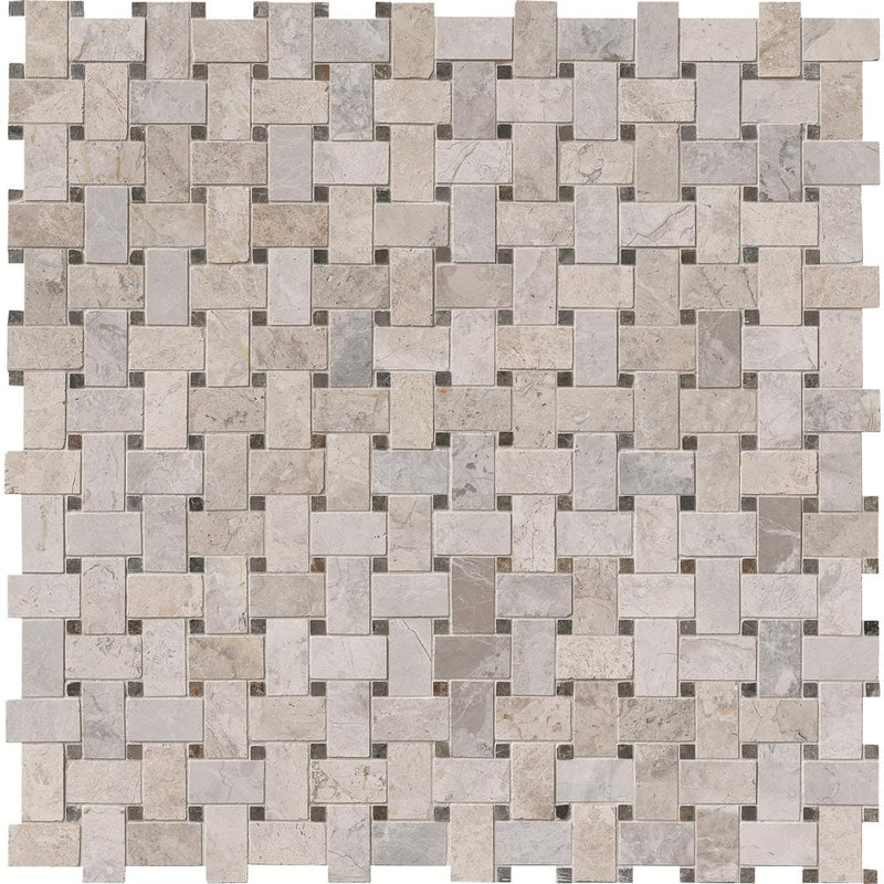 Tundra gray basket weave 12X12 polished marble mosaic tile SMOT-TUNGRY-BWP product shot multiple tiles close up view