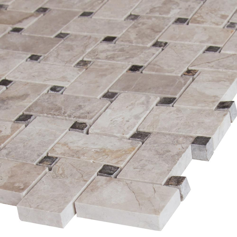 Tundra gray basket weave 12X12 polished marble mosaic tile SMOT-TUNGRY-BWP product shot profile view