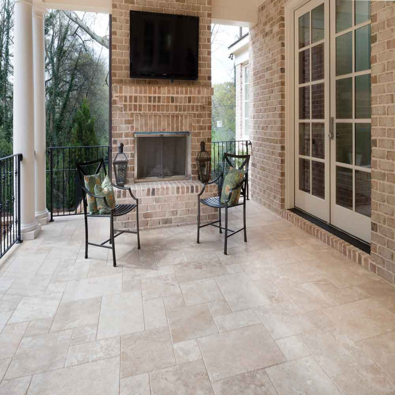 Tuscany beige pattern honed unfilled brushed travertine floor and wall tile TTBEIG-PAT-HUCB product shot outdoor view