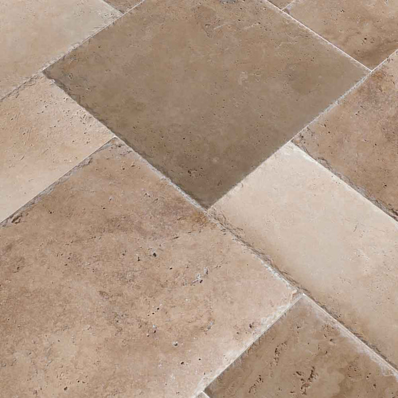 Tuscany beige pattern honed unfilled chipped travertine floor and wall tile TTBEIG PAT HUFC product shot angle view