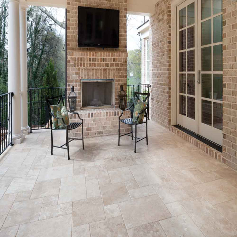 Tuscany beige pattern honed unfilled chipped travertine floor and wall tile TTBEIG PAT HUFC product shot outdoor view 