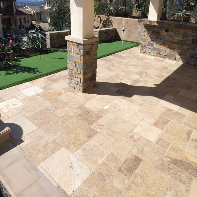 Tuscany chateaux pattern honed unfilled chipped travertine floor and wall tile TTCHAT-PAT-HUFC product shot outdoor view 