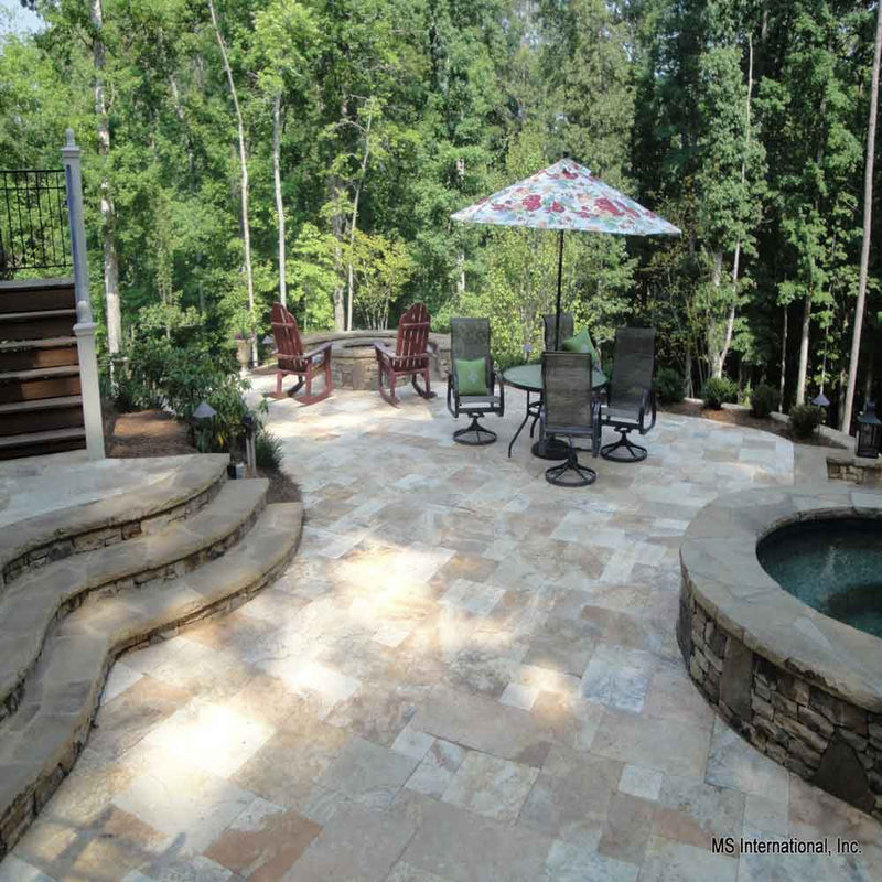 Tuscany porcini pattern honed unfilled chipped travertine floor and wall tile TTPOR-PAT-HUFC product shot outdoor view 