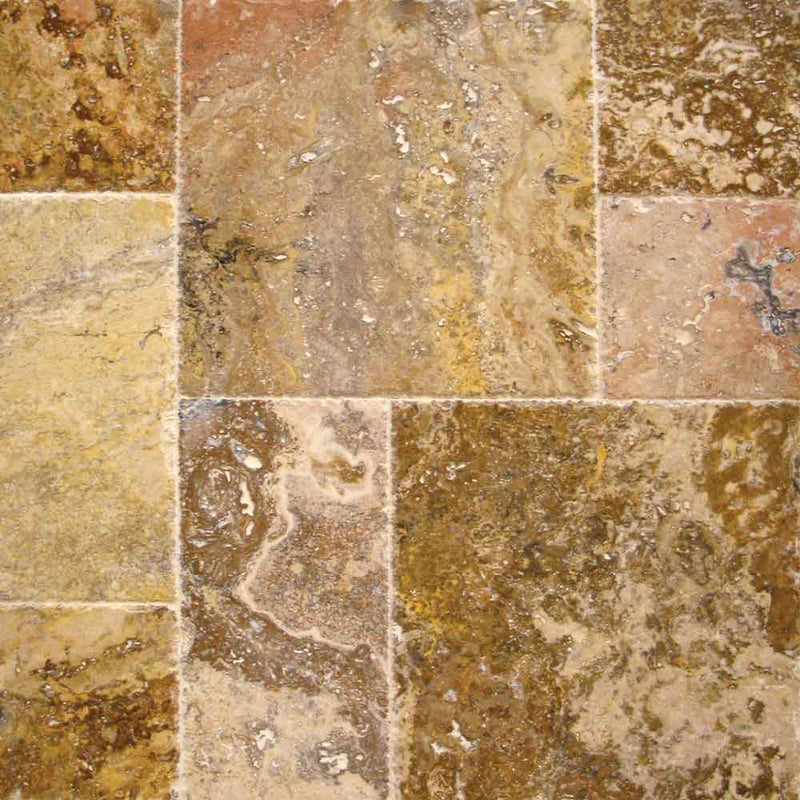 Tuscany scabas pattern honed unfilled chipped brushed travertine floor and wall tile TTSCAB-PAT-HUCB product shot angle view