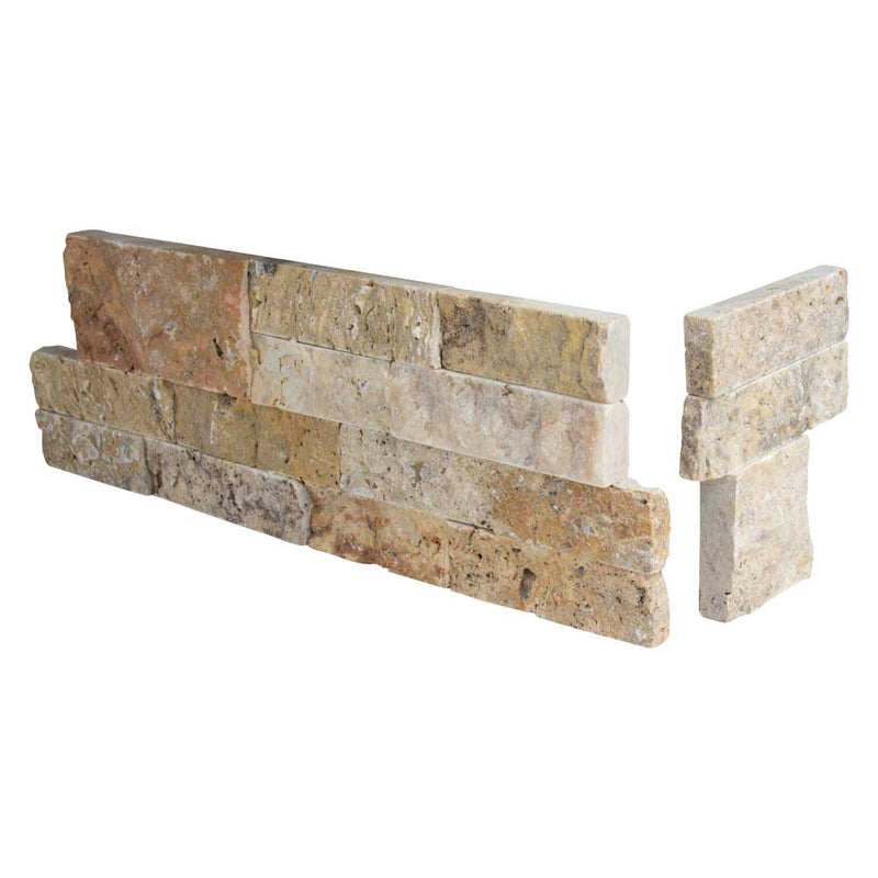 Tuscany-scabas-splitface-ledger-corner-6X18-natural-travertine-wall-tile-LPNLTSCA618COR-product-shot-multiple-tiles-angle-view