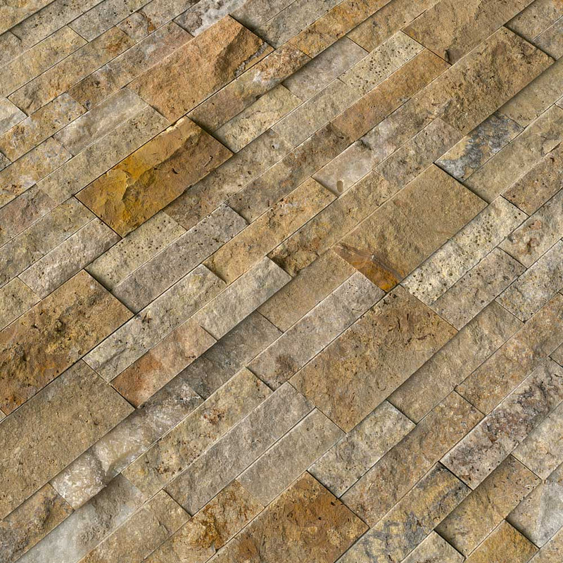 Tuscany scabas splitface ledger panel 6X24 natural travertine wall tile LPNLTSCA624 product shot multiple tiles angle view