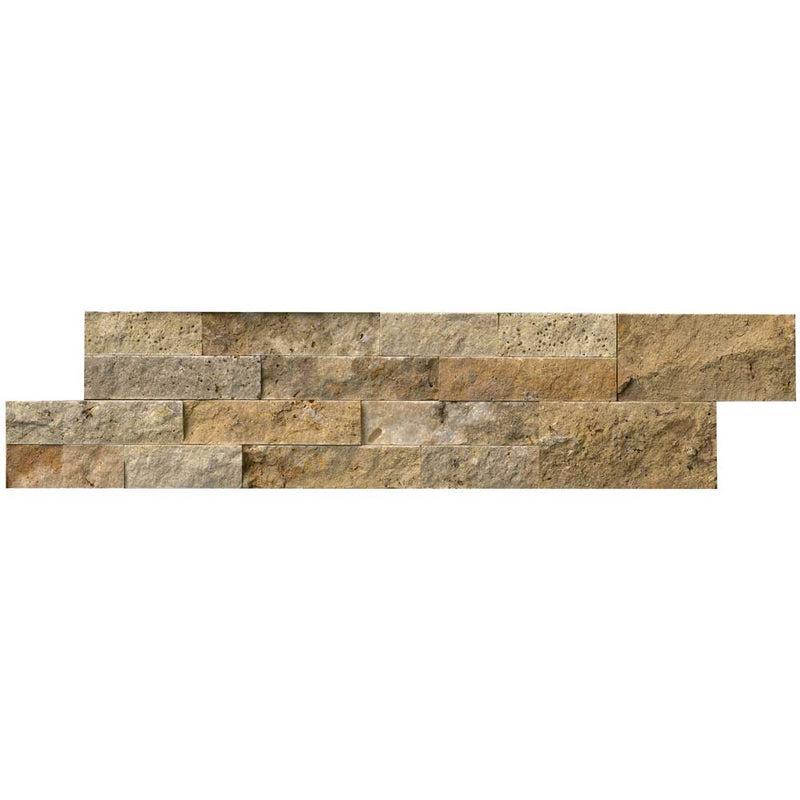 Tuscany scabas splitface ledger panel 6X24 natural travertine wall tile LPNLTSCA624 product shot multiple tiles close up view