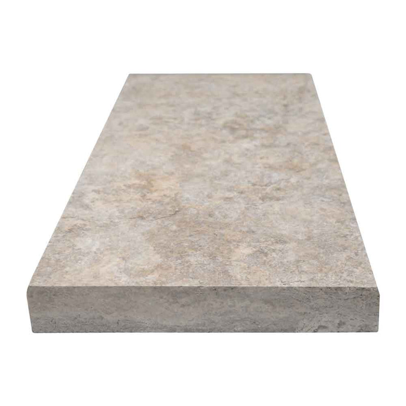 Tuscany silver 12x24 brushed travertine eased edges coping LCOPTSIL1224HUFBR-EE product shot front view