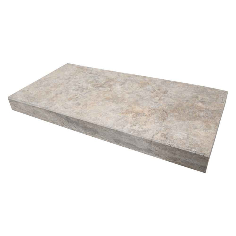 Tuscany silver 12x24 brushed travertine eased edges coping LCOPTSIL1224HUFBR-EE product shot side view