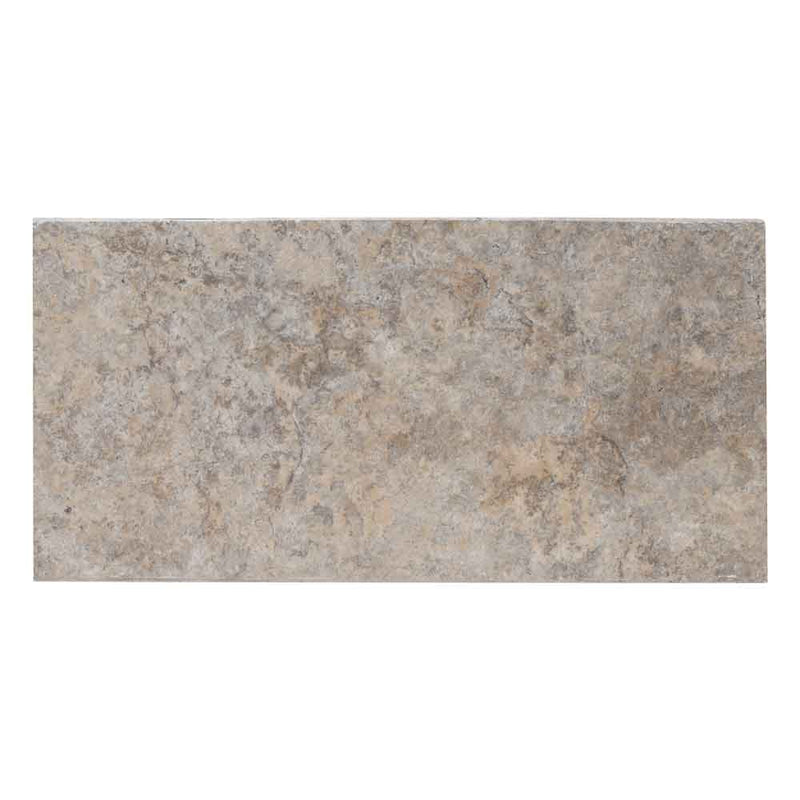 Tuscany silver 12x24 brushed travertine eased edges coping LCOPTSIL1224HUFBR-EE product shot wall view