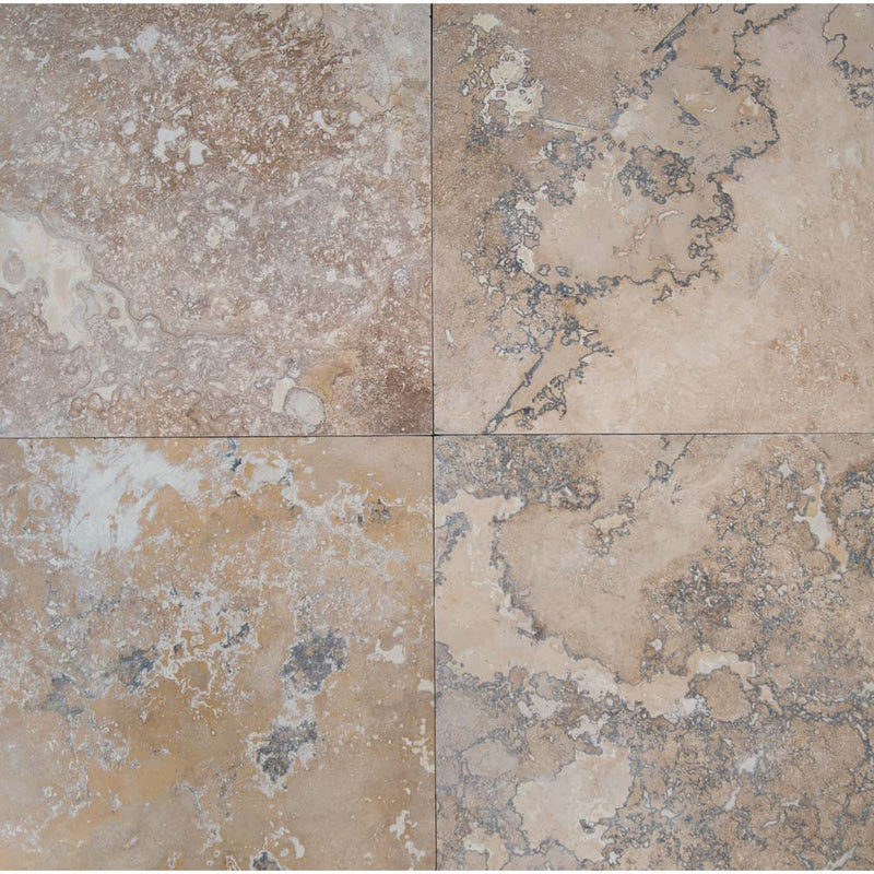 Tuscany storm 12 x 12 honed filled travertine floor and wall tile TTSTORM1212HF product shot multiple tiles top view